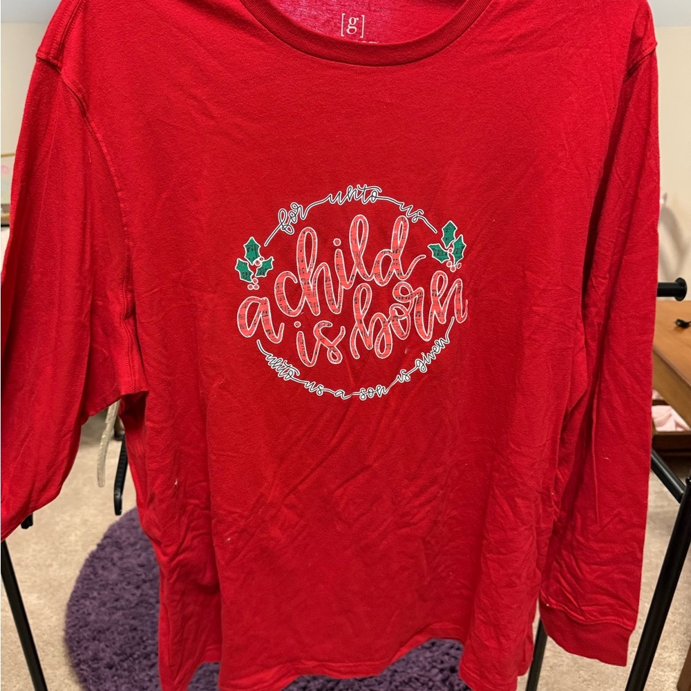 George Red Long-Sleeve Tee with Green Holly Graphic